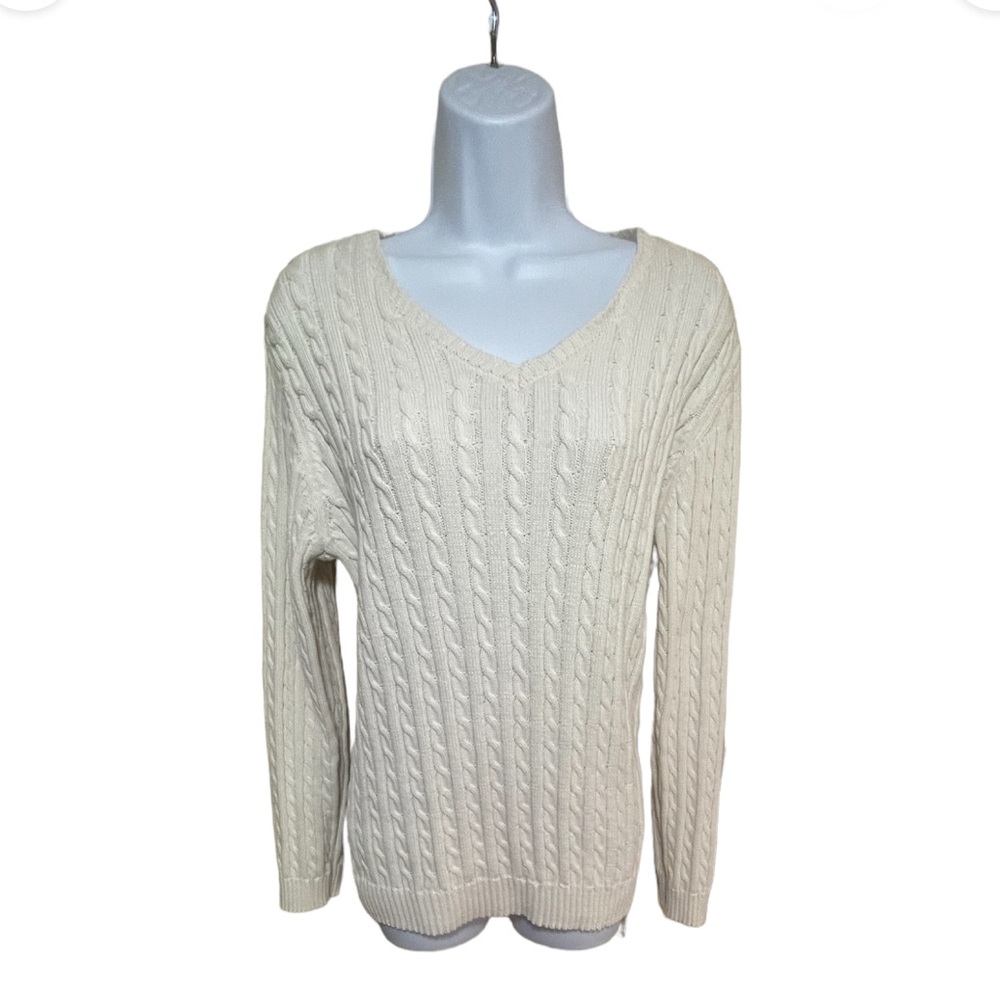 Harve Benard Cable Knit V Sweater in Cream XL Stretchy 60% Cotton 40% Poly